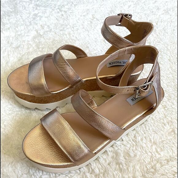 STEVE MADDEN Kirsten Rose Leather Platform Wedge Sandals Strappy Platform 10 - Picture 3 of 12